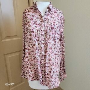 By Trovata Birds of Paradis floral button up long sleeve blouse L